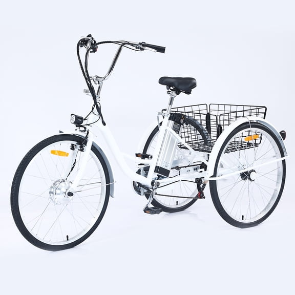 Patikuin 250W 26" Adult Electric Tricycle Fat Tire Motorized Bicycle, 7 Speed Tricycle for Adults, 36V 10Ah Battery White