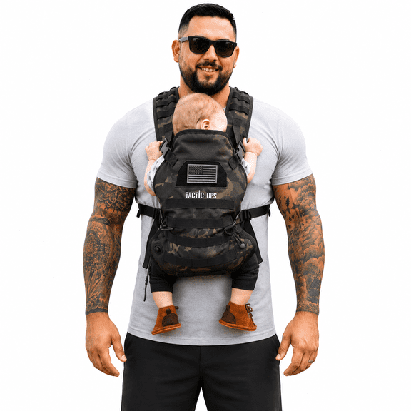 Tactic Ops Military Baby Carrier for Dads, Adjustable Infant Carrier with MOLLE Webbing, D-Rings, Padded Shoulder Straps & Breathable Mesh Lining (Black Camo)