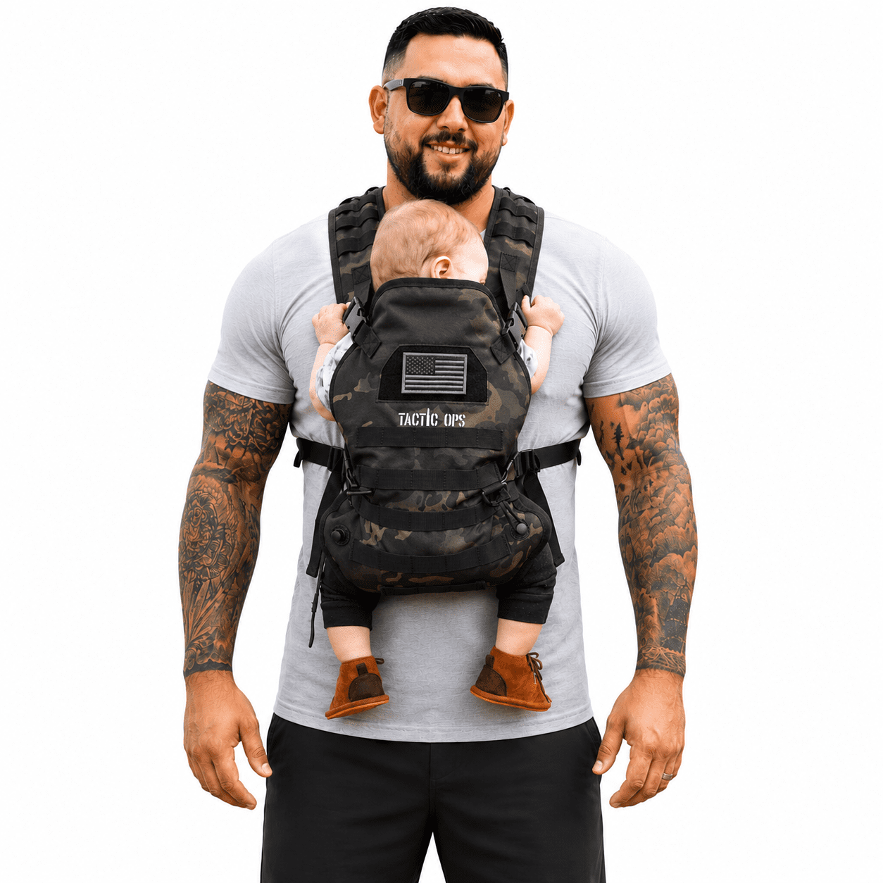 Tactic Ops Military Baby Carrier for Dads, Adjustable Infant Carrier with MOLLE Webbing, D-Rings, Padded Shoulder Straps & Breathable Mesh Lining (Black Camo)