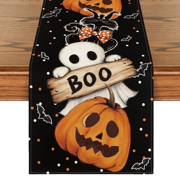 Smile Jack O Lantern Black Cat Boo Ghost Halloween Table Runner 13 x 72 Inch