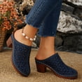 thumbnail image 4 of Dakaela Womens Chunky Heels Mules Hollow Closed Toe Flower Pattern Slip on Slides Clogs Summer Casual Backless Pumps Sandals Size 6-10 Navy, 4 of 7