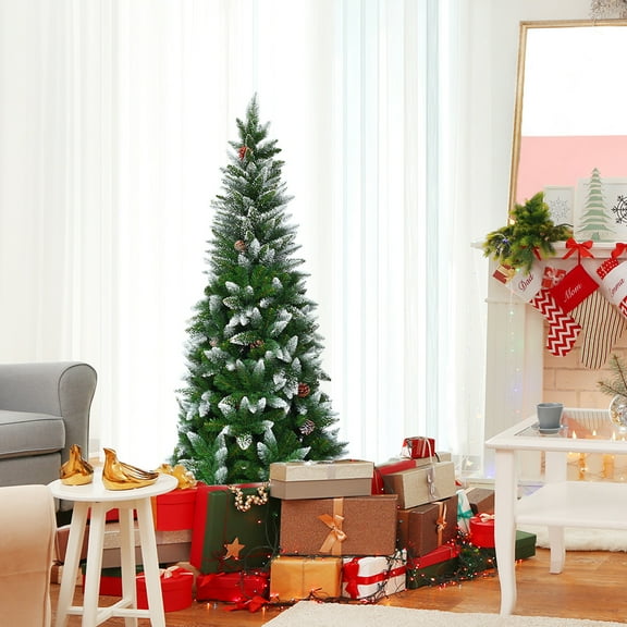 Gymax 5ft Snow Flocked Pencil Christmas Tree Classic Realistic PVC Needles W/Pine Cones