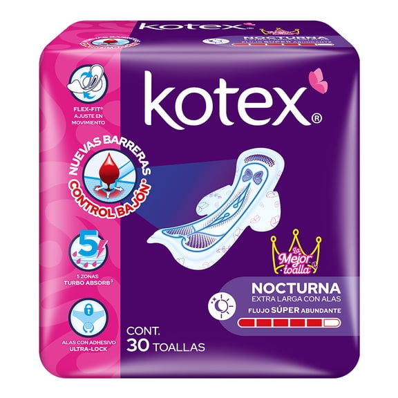 Toallas femeninas Kotex Nocturna extra larga con alas flujo súper abundante 30 piezas