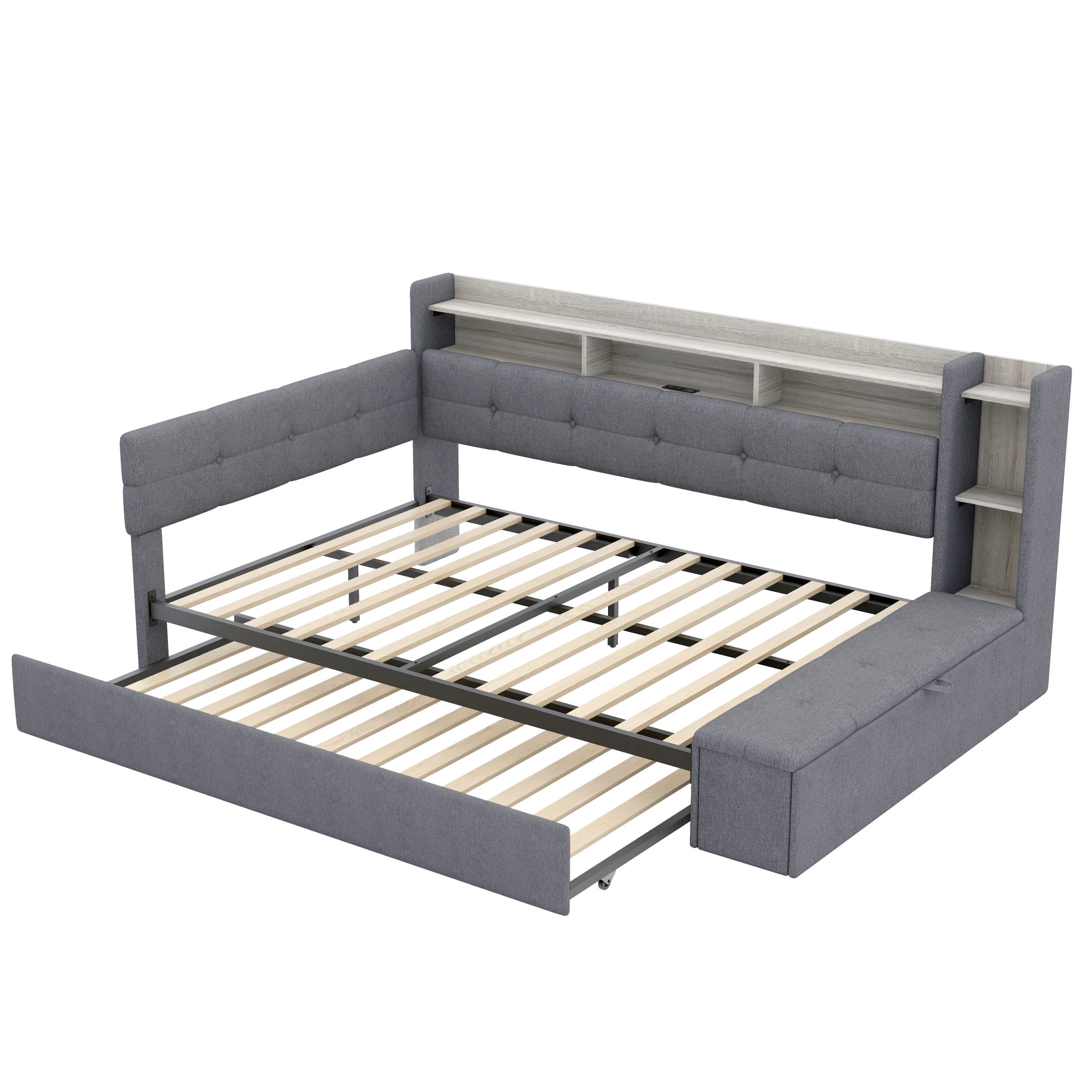 Noble House Brevon Full Size Upholstered Daybed with Trundle, Built-in USB Charging Station and LED Light, Grey