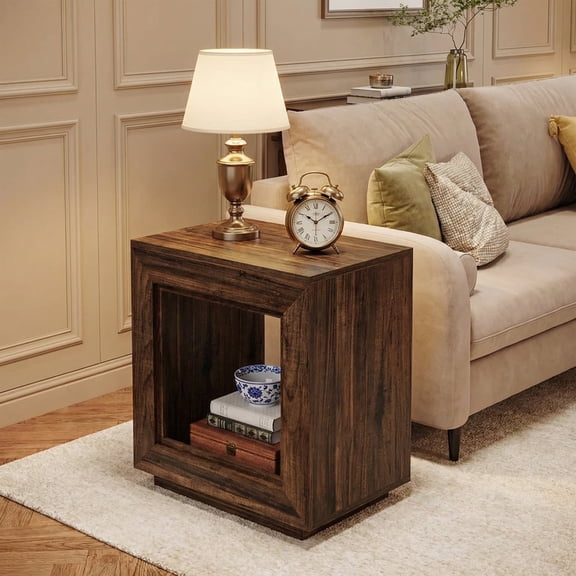 24" Square End Table 2-Tier Wooden Sofa Side Table Storage Shelf Rustic Farmhouse Style Rustic Brown For Living Room Bedroom Small Spaces