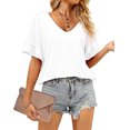 thumbnail image 2 of Camiseta de manga corta con cuello en V para mujer, color puro, suave, agradable a la piel, para citas y compras, 2 of 5