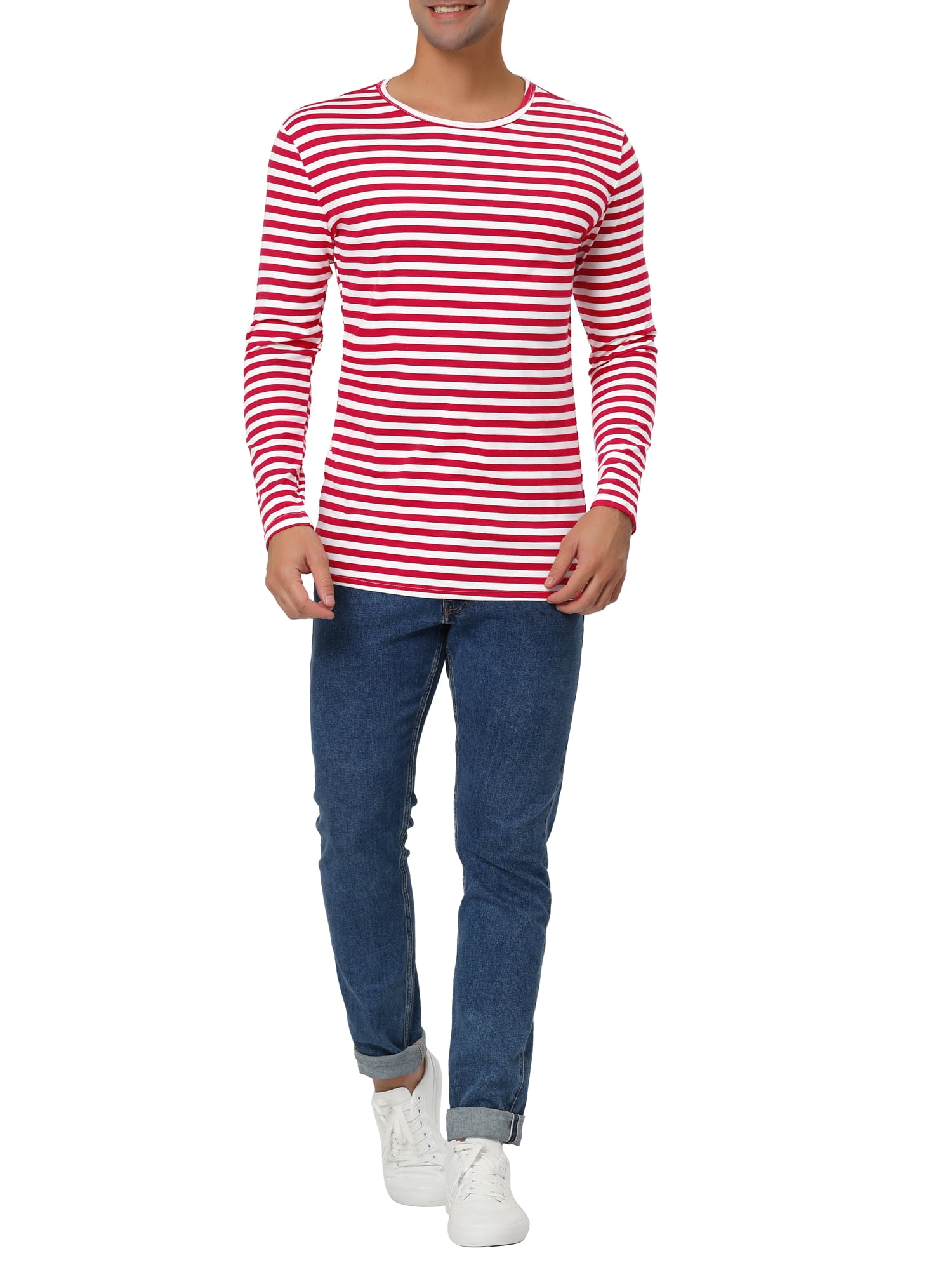 Unique Bargains Men's Long Sleeve Pullover Top Crew Neck Striped T-Shirts 38 White Red