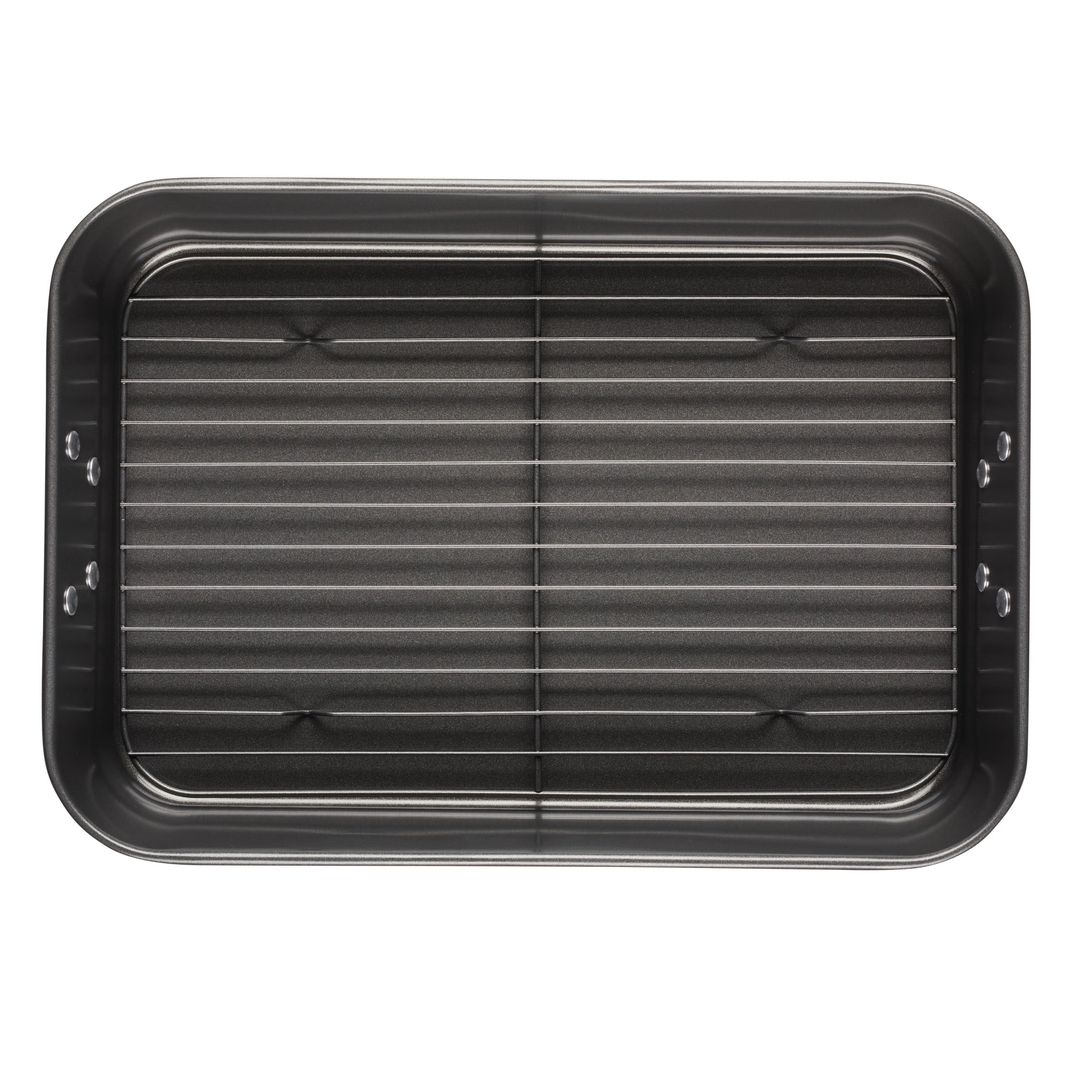Farberware Bakeware Roasting Pan with Removable Flat Rack - 10.5x15 Inches, Dishwasher Safe, Oven-Safe to 450F, Non-Stick Finish, Gray