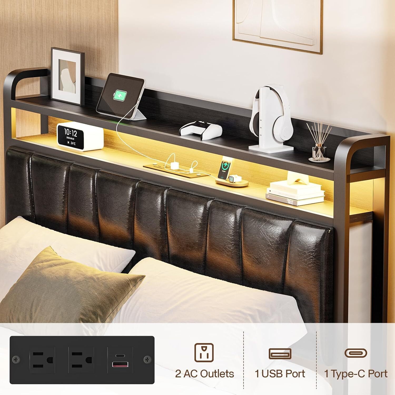 Queen Size Metal Platform Bed Frame with LED Lights and Charging Station, 2-Tier Storage Shelves and PU Leather Headboard for Master Bedroom, No Box Spring Needed, Black