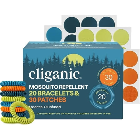 Cliganic Natural Outdoor Mosquito Repellent Set for Kids and Adults, 20 Bracelets and 30 Stickers