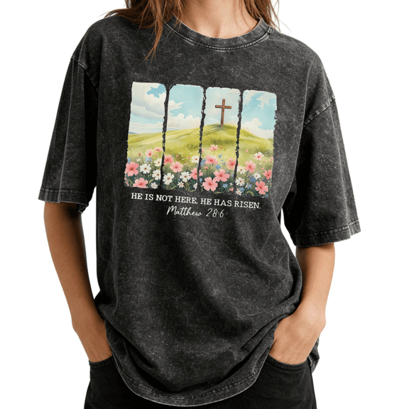 Christian Easter Cross Floral Hill Wash Print Tshirt S-2XL Acid Washed Black Graphic Tees Casual Shirts for Christian Faith Tops