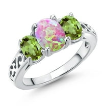 2.05 Cttw Pink Opal and Green Peridot Filigree Style 3-Stone Ring for Women | 925 Sterling Silver | Oval 8X6MM and 6X4MM | Wedding Engagement Anniversary Promise Ring for Women | Size 9