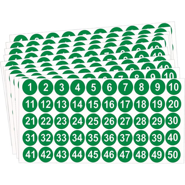 Number Stickers, Consecutive Number Stickers 1-50, 10 Sheets Round Number Labels, Green Small Number Stickers Vinyl Number Decals for Office, Classroom, Storage, Inventory, Indoor, Outdoor, 1 inch