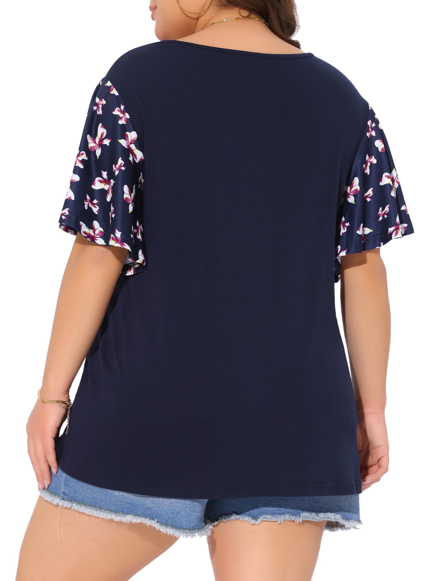 DARING DIVA Women's Plus V Neck Floral Flutter Sleeve Blouse Casual 4X Dark Blue