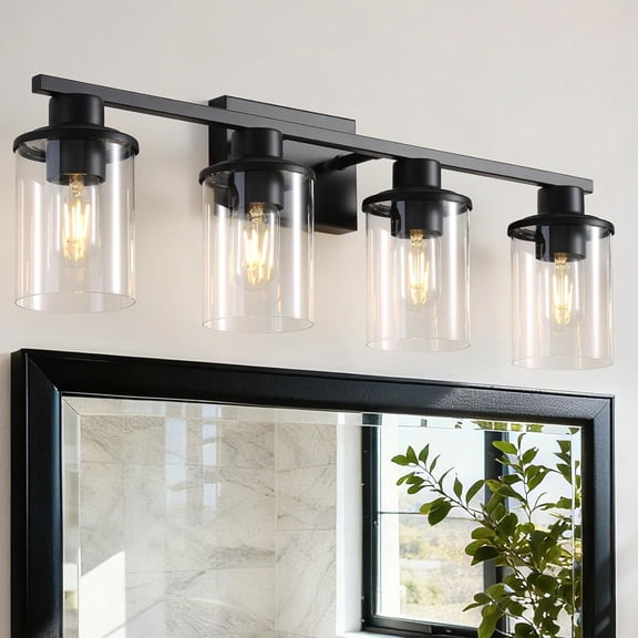 4 Light Bathroom Vanity Light, 27" Black Vanity Lighting Fixture Over Mirror with Clear Glass Shade, E26 Base