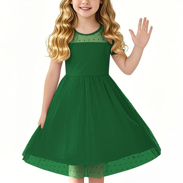 HaiMao Robe Décontractée d'Été en Tulle à Manches Bouffantes pour Tout-Petites Filles, Tutu Princesse pour Bébé Fille, Fête, Vert, 7 Ans