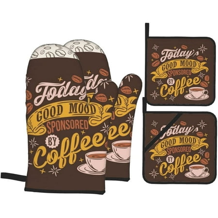 

NICKSUN Oven Mitts and Pot Holders Sets 4 Pieces Non-Slip Heat Resistant Vintage Coffee Pattern Kitchen Glove Pot Mat for Cooking Baking Grilling BBQ