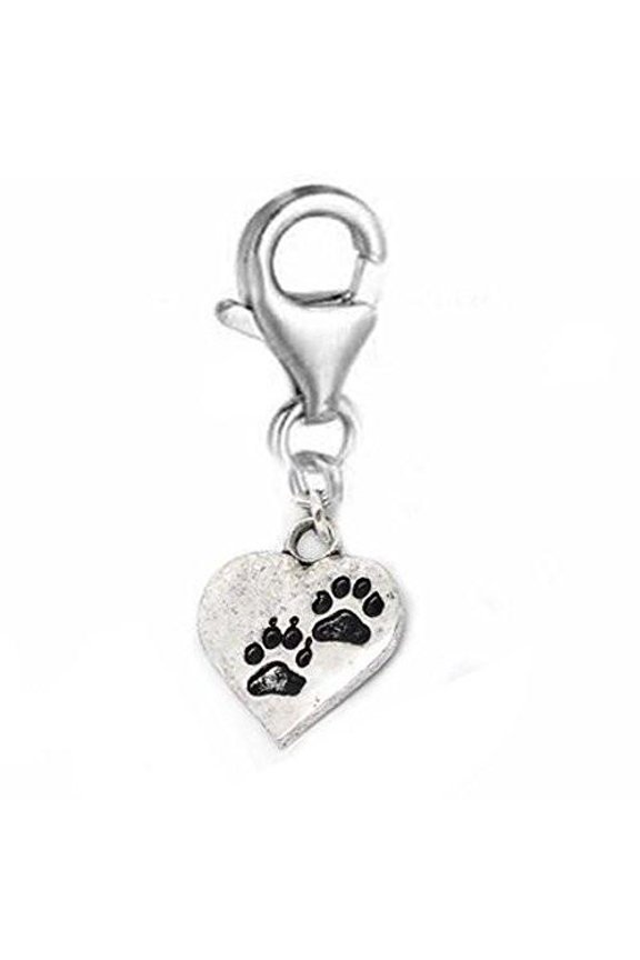 Clip on Bear Paw Heart Charm Dangle Pendant for European Clip on Charm Jewelry w/ Lobster Clasp