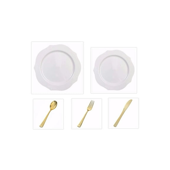 Antique Collection White w/Antique Scrolled Trim China-Like Plastic 10" Banquet Plates   7" Salad Plates   Cutlery *Party of 100*