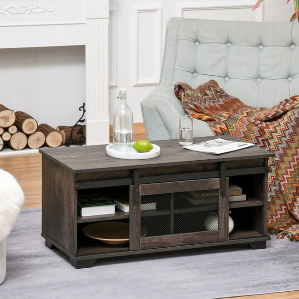HOMCOM Farmhouse Coffee Table with Storage Center Table with Mesh