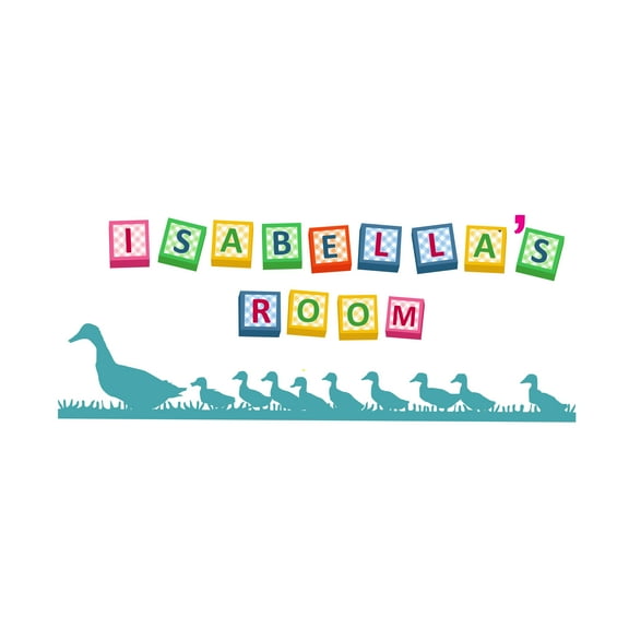 DUCKS - Vinyl Kids Bedroom Mother Duck & Ducklings Silhouette Decoration Personalized Name Multicolored Alphabet Cube Toys Design Home Wall Decal Sticker 20" x 8"