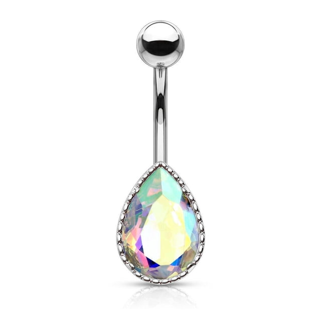 Belly Button Ring with AB Effect Tear Drop Glass Stone 14ga Surgical Steel Sold