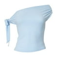 thumbnail image 5 of Kaemgyyd Off the Shoulder Tops for Women Solid Color Short Sleeve Summer Slim T Shirts Cute Tie Ruched Going out Clothes, 5 of 5