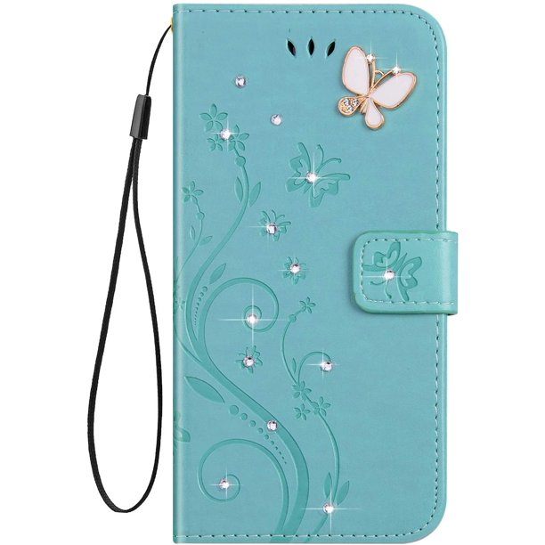 Compatible con Samsung S8 PLUS Estuche Bling Butterfly Rhinestone Diamond Embossed Floral Pu Leather Wallet Strap Case con tarjetero Magnético Flip Cover Case azul Jormftte CDWJ508-6