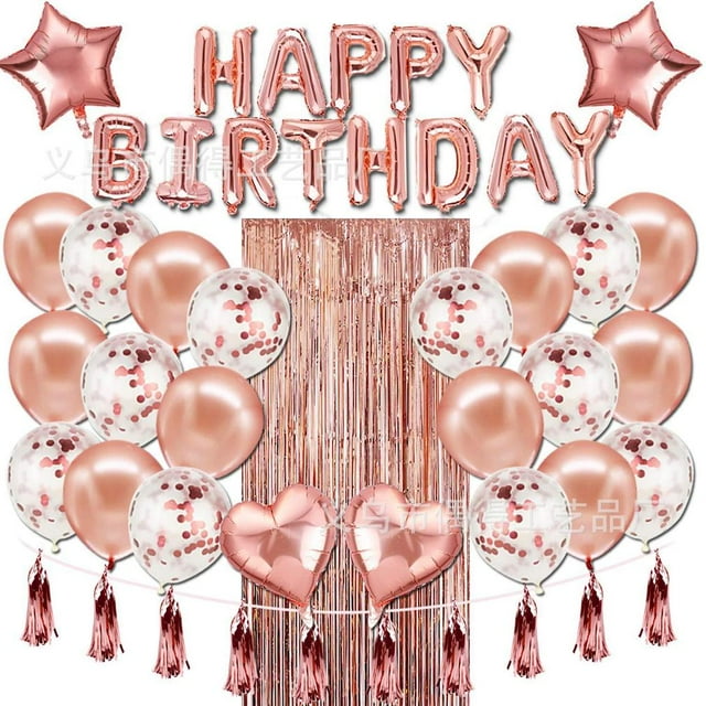 Kit de globos de cumpleaños Mylar Rose Gold, 49 piezas con cortina con flecos
