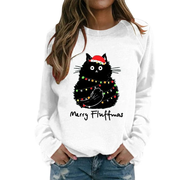 Arlun Christmas Crewneck Sweatshirts for Women Cute Back Cat String Lights Graphic Hoodless Pullovers Comfy Loose Long Sleeve Xmas Tops 2025 Fall Winter Outfits White2 XL