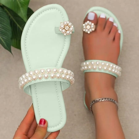 

Kenmeko Summer Shose 2022 Women Girls Pearl Set Toe Elastic Sandals Flat Strap Casual Home Sandals Slippers Beach Slippers J11