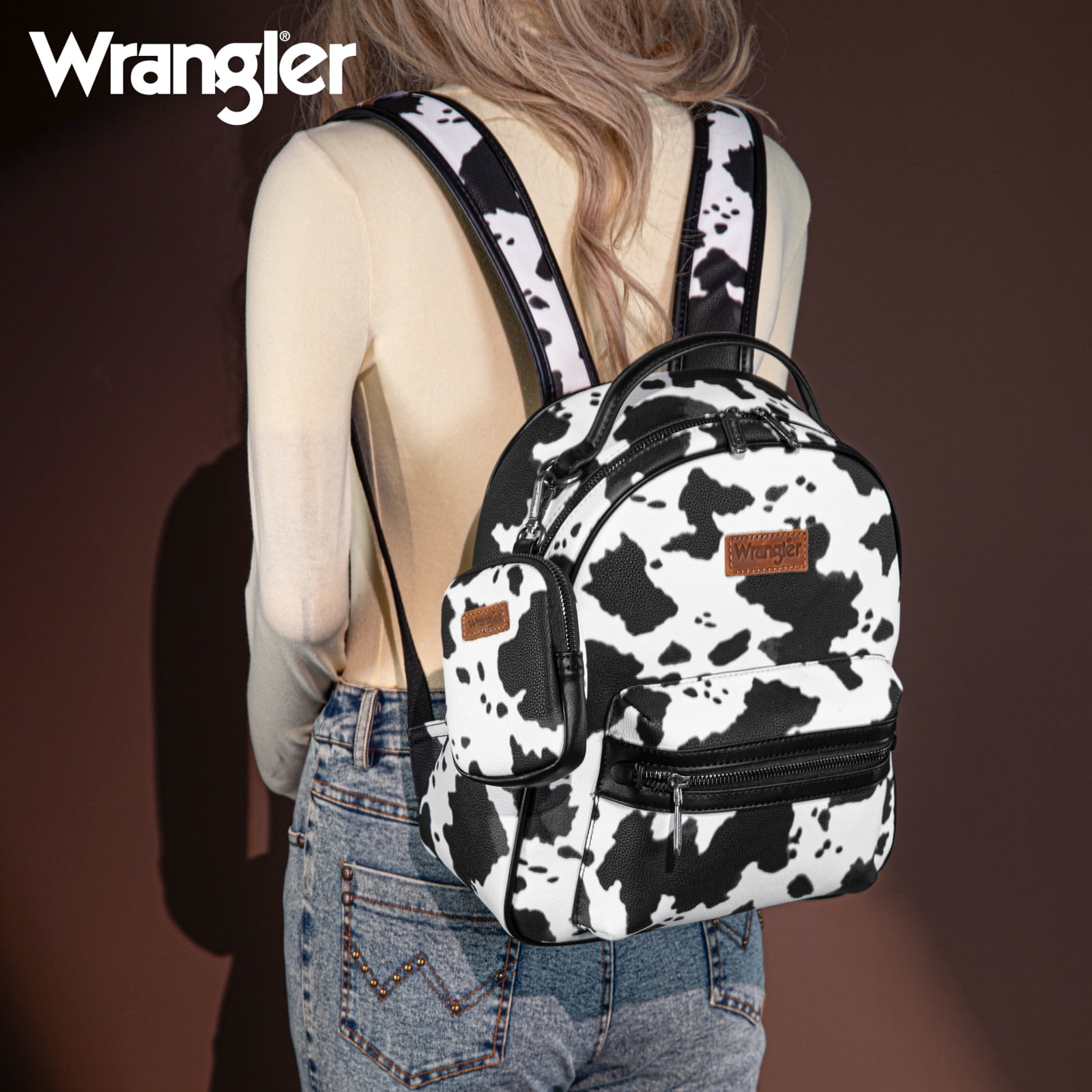 Wrangler Mini Backpack Cute Cow Print Backpack Purse for Women, Allover Cow Print Black