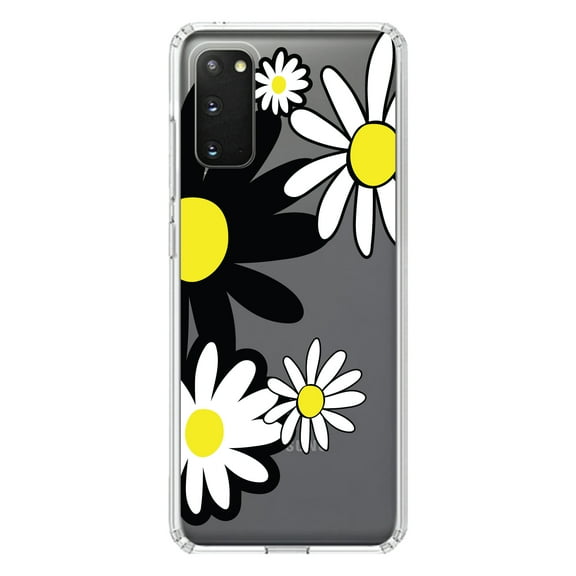DistinctInk Clear Shockproof Hybrid Case for Galaxy S20 ULTRA / 5G (6.9" Screen) - TPU Bumper Acrylic Back Tempered Glass Screen Protector - Black & Yellow Modern Daisies
