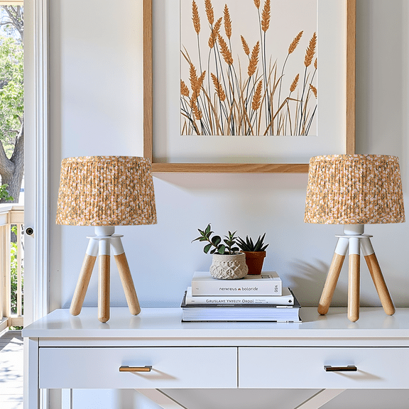 2 Pack 14 Inch Wooden Tripod Table Lamp With Yellow Ditsy Floral Shade-Cute Boho Nightstand Lamp For Girls Bedroom, Nursery,Console Table & Desk Decor, E26 Socket, ON/OFF Switch