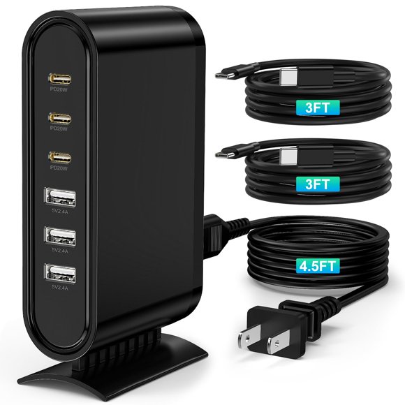 Estación de carga USB Essri 96 W, 6 puertos GaN con 3 PD 3.0 y 3 USB