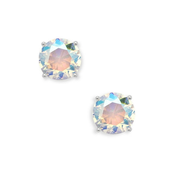 Beaux Bijoux Sterling Silver 8mm Basket-Set Round Circle Aurora Borealis Stud Earrings