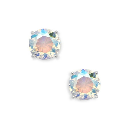 Beaux Bijoux Sterling Silver 8mm Basket-Set Round Circle Aurora Borealis Stud Earrings