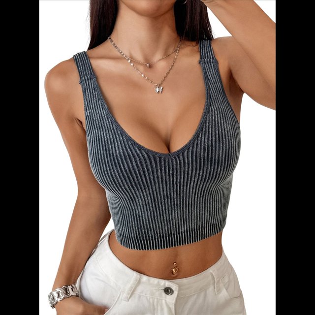 Tops Cortos Sin Mangas para Mujer con Cuello Cuadrado Acanalado Negro S