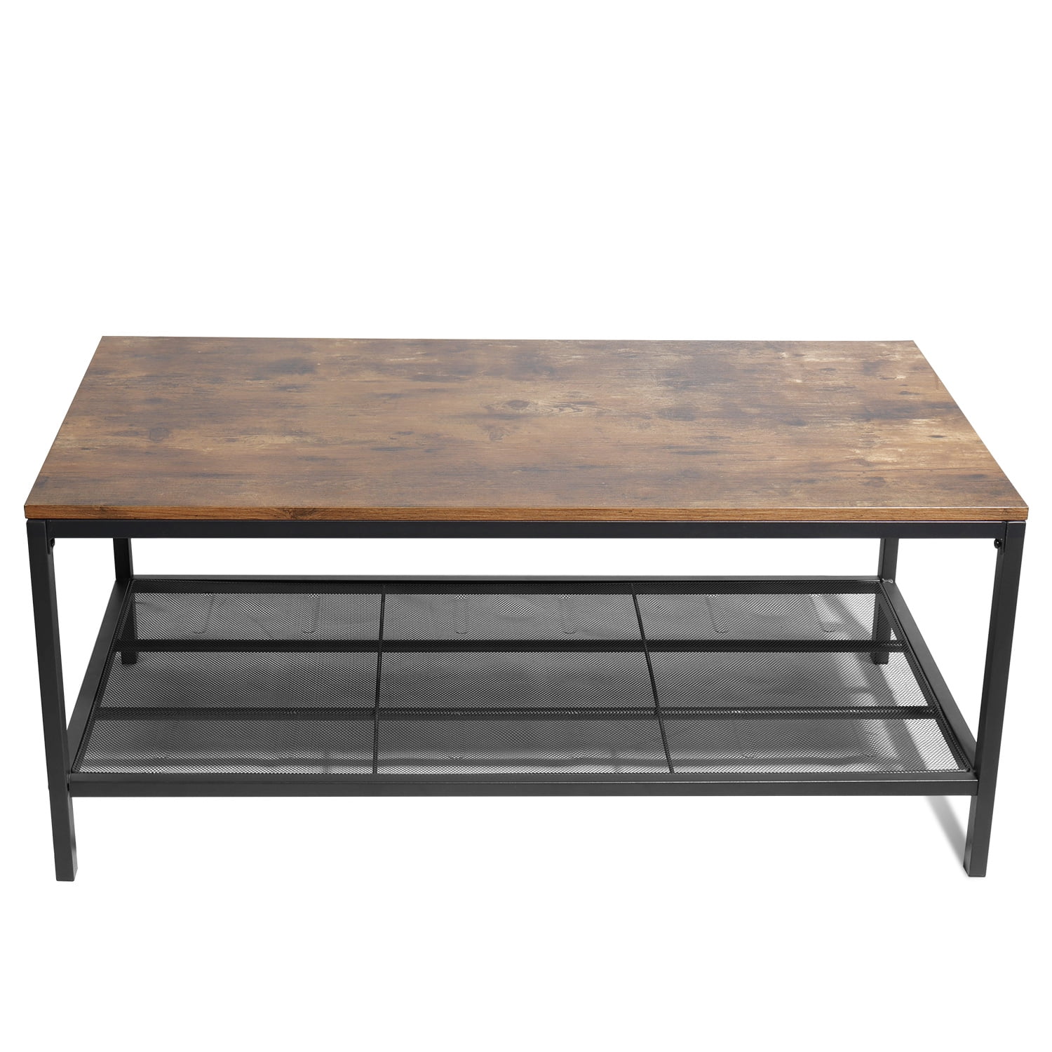 Wooden Coffee Table With Mesh Shelf, Rustic Wooden Coffee Table With Storage