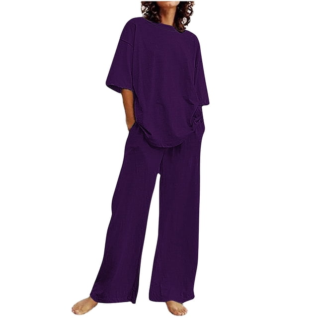 AherBiu Ensembles 2 Pcs Grande Taille pour Femmes Été Décontracté Col Rond Hauts 1/2 Assortis Jambe Grand Taille Élastique Ensemble de Détente