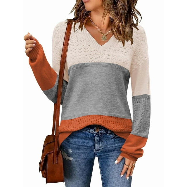 Women Fall Sweaters Casual Long Sleeve Ribbed Knit V Neck Light-Weight Crochet Pullover Sweater Grey M