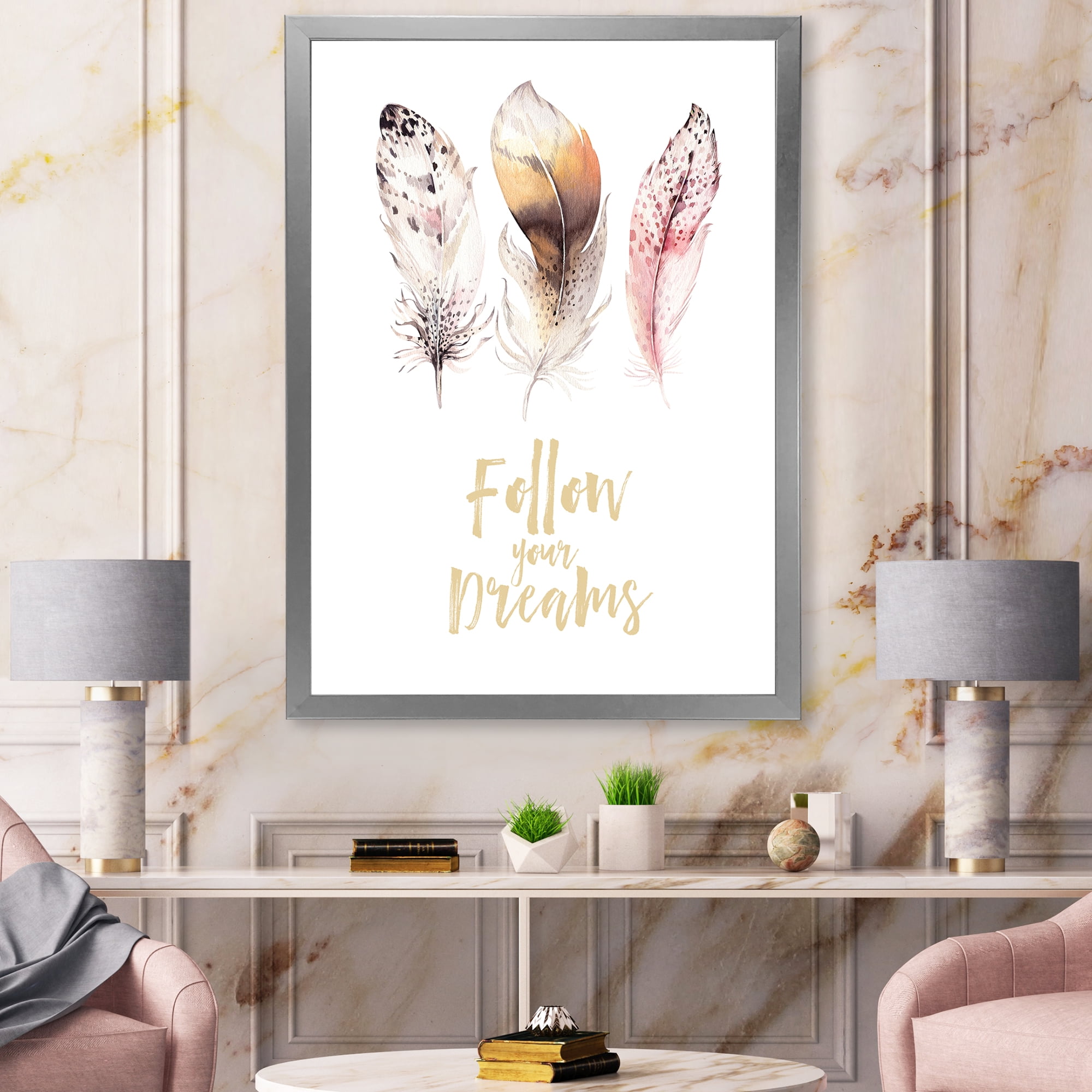 Designart 'Multicolored Boho Art Feathers Follow Your Dreams' Bohemian & Eclectic Framed Art Print
