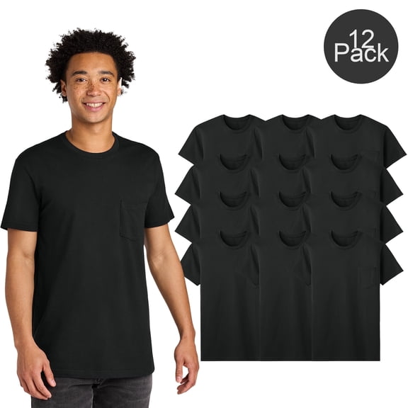 Gildan Men’s Pocket Tee, Short Sleeve Crew Neck, Cotton Classic Black T-Shirt, Size S, Pack of 12