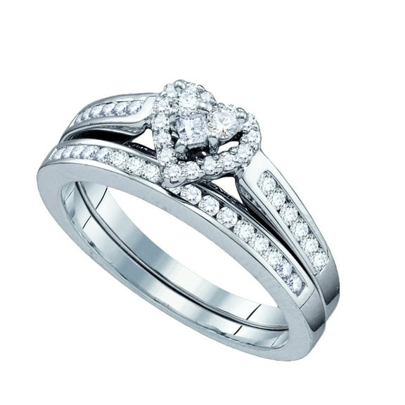 10kt White Gold Womens Diamond Heart Bridal Wedding Engagement Ring Band Set 1/2 Cttw