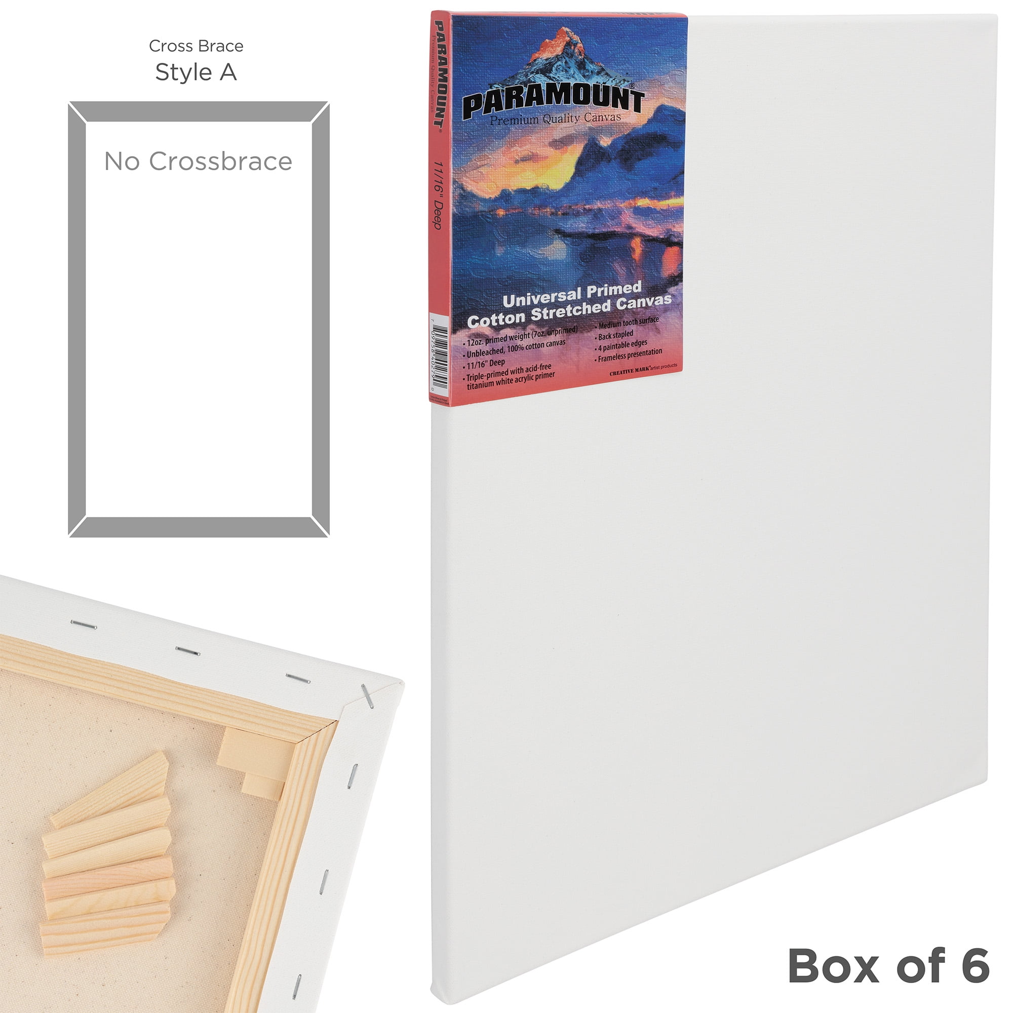 Paramount Canvas for Painting - Pack of 6, 12x16" White Canvases- 11/16" 100% Cotton Stretched Canvas, Triple-Primed for All Media, Medium Tooth, Back-Stapled, 12oz Primed Weight, Wood Stretcher Bars