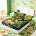 thumbnail image 4 of Manfei Wild Dinosaur Animals Fitted Sheet Queen,Retro Jungle Bedding,Green Blue,3 Pieces,1 Fitted Sheet and 2 Pillowcases, 4 of 6