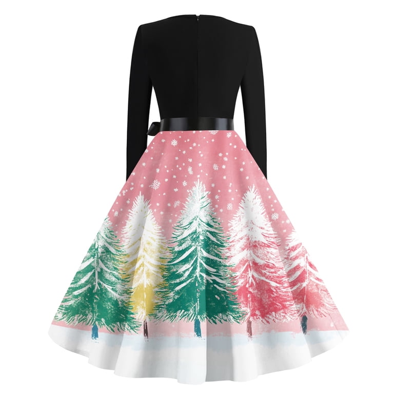 Women Christmas Cocktail Dress Long Sleeve Retro 1950s Swing Dress ...