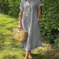 thumbnail image 5 of Pink Striped Short Sleeve Button-Front Shirt Dress Cotton Linen Blend, 5 of 12