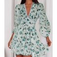 thumbnail image 4 of Womens Dresses Spring Summer Knot Front V Neck Long Sleeve Floral Print Swing Mini Dress Green Floral L, 4 of 7