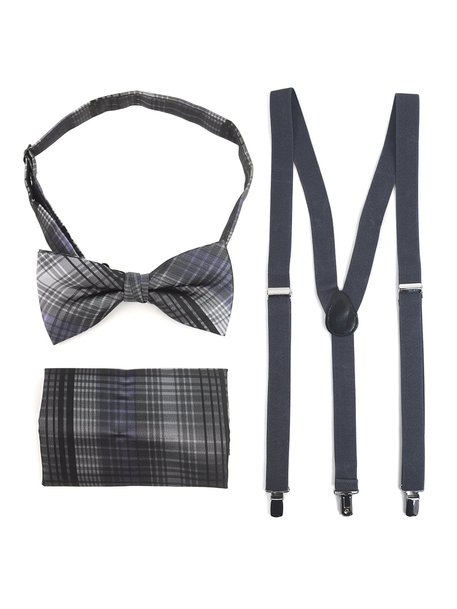 Bow Tie /& Hanky Sets Mens Charcoal 3 PC Clip-on Suspenders